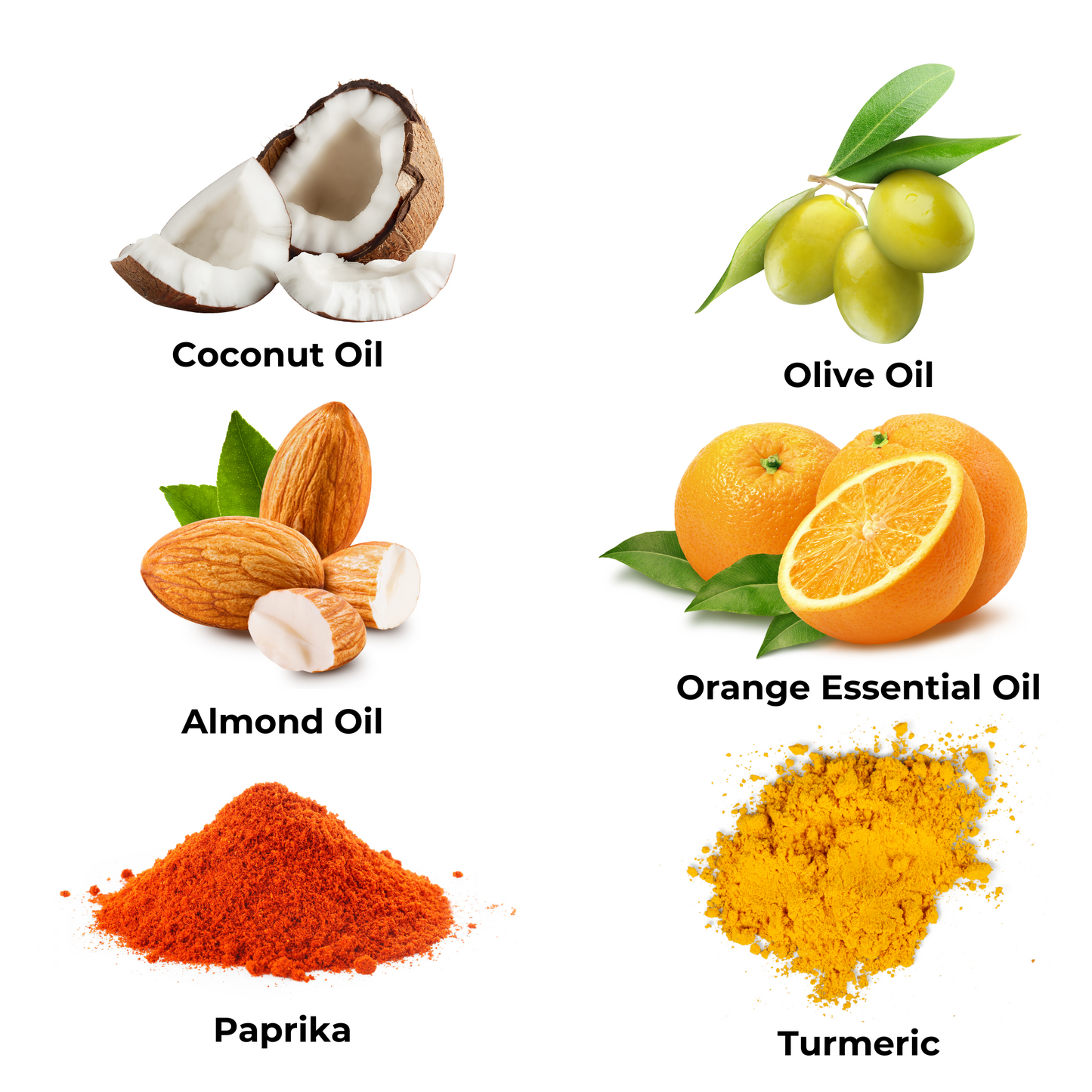 Ingredients: Olive oil, coconut oil, almond oil, orange essential oil, paprika, and turmeric