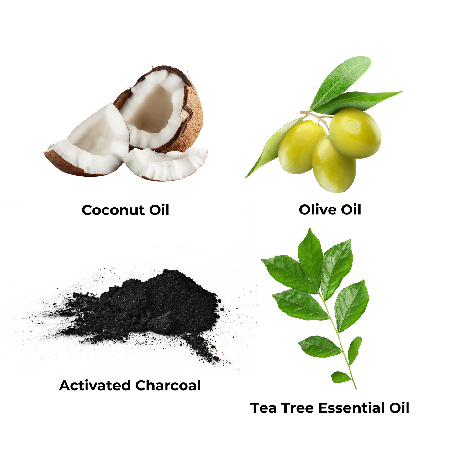 Ingredients: Olive oil, coconut oil, activated charcoal, and tea tree essential oil