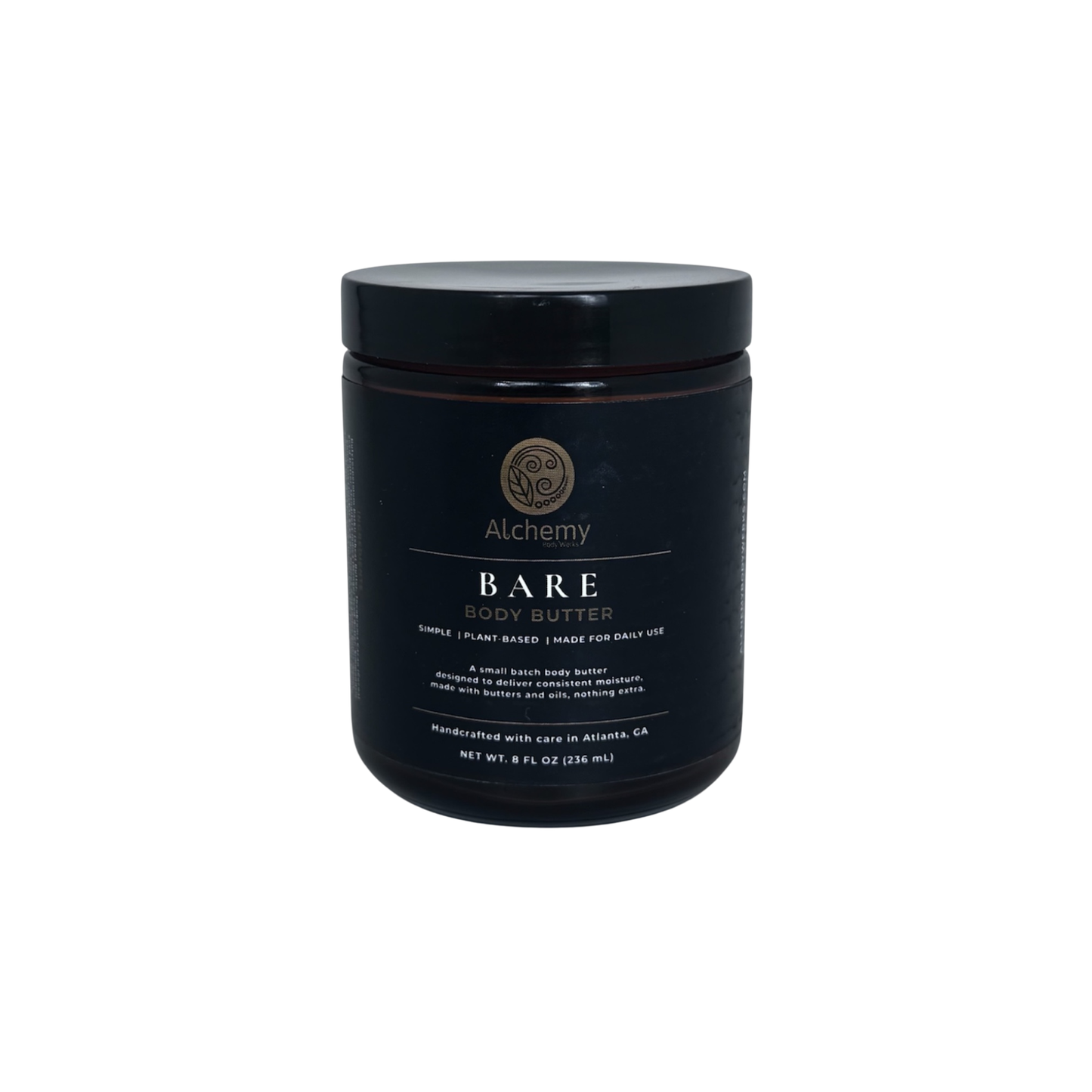 An amber jar with a black lid and black label of Alchemy Body Werks Bare Body Butter on a white background.