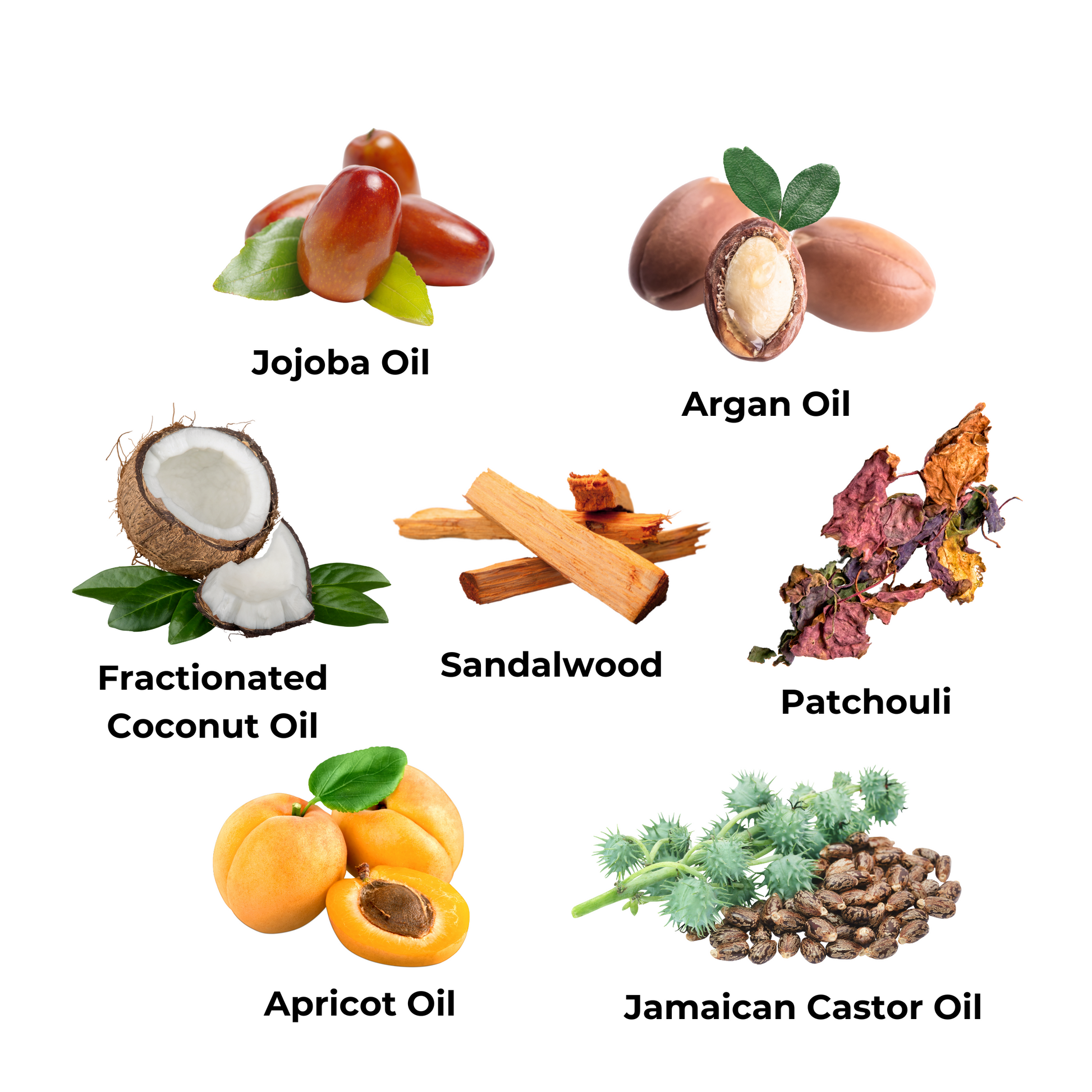 Ingredients: jojoba oil, argan oil, fractionated coconut oil, sandalwood, patchouli, apricot oil, and Jamaican castor oil