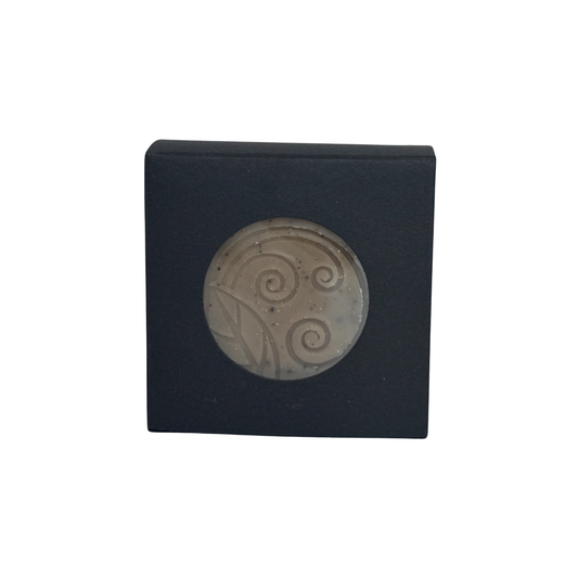 Alchemy Body Werks Mocha soap bar in a black matte box on a white background.